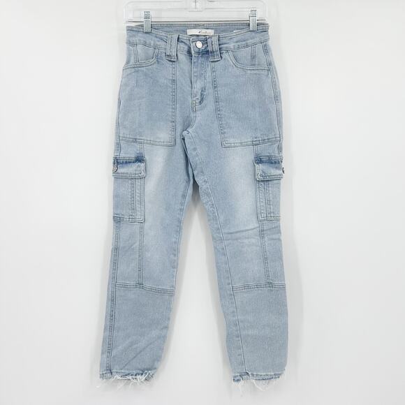 Kancan Estilo Cargo Jeans Cropped Raw Hem Light Wash Utility Womens Size 24 - Picture 3 of 10